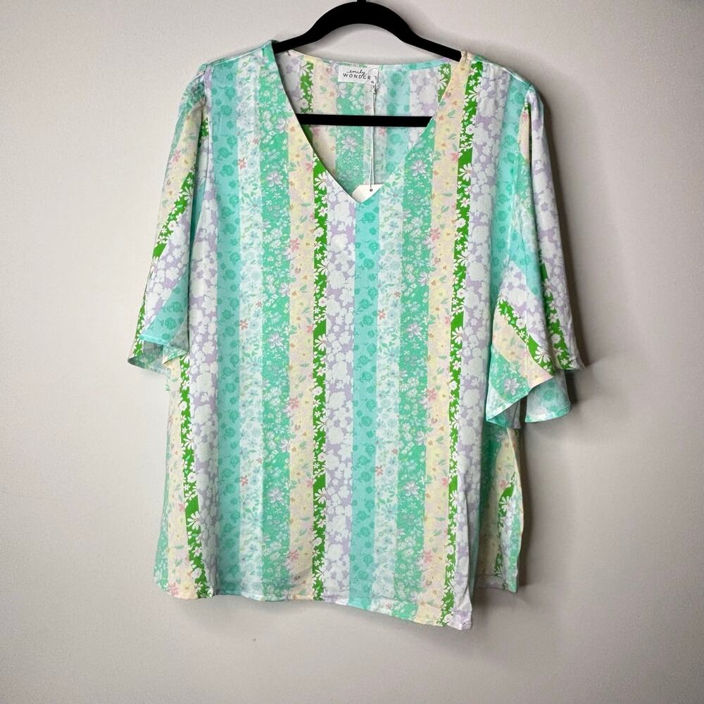 Emily Wonder Women’s XL Floral Stripe Bell Sleeve V-Neck Blouse Pastel Boho